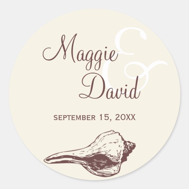 Brown seashell beach wedding party favour label (Front)