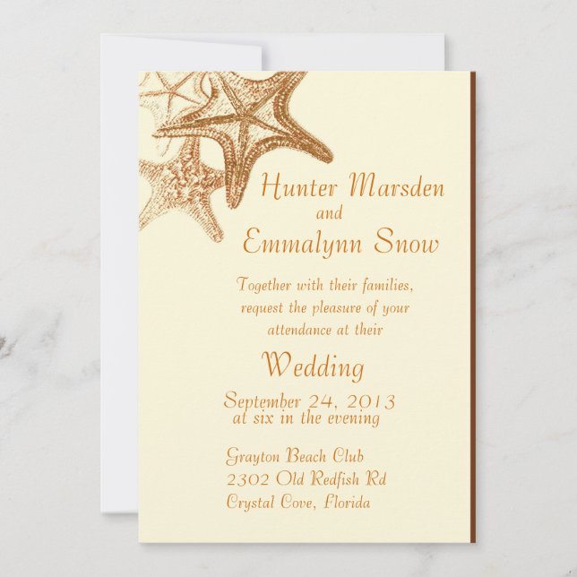 brown seastar beach wedding invitation (Front)