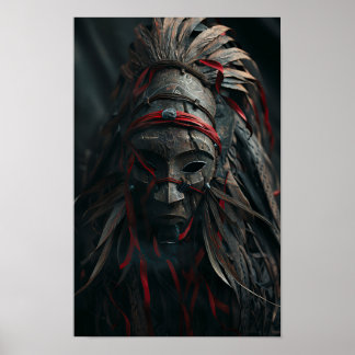 Brown Shaman Mask with Feathers and Red Poster