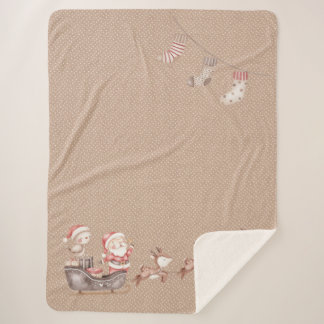 Brown Sherpa Blanket with Santa in the Sleigh