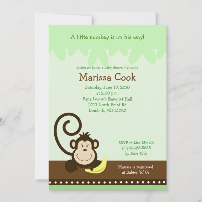 Brown Silly Monkey Jungle Boy Baby Shower 5x7 Invitation (Front)