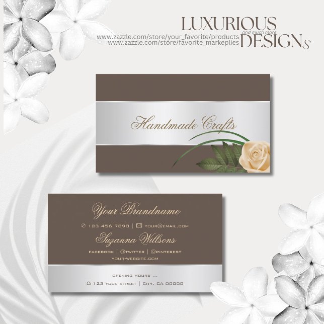 Brown Silver Decor Cute Rose Flower Elegant Floral Business Card (Creator Uploaded)