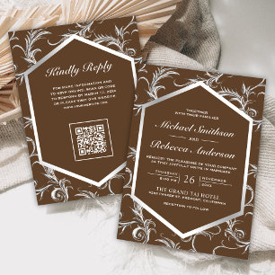 Brown Silver Flourish Swirl QR Code Wedding Invitation