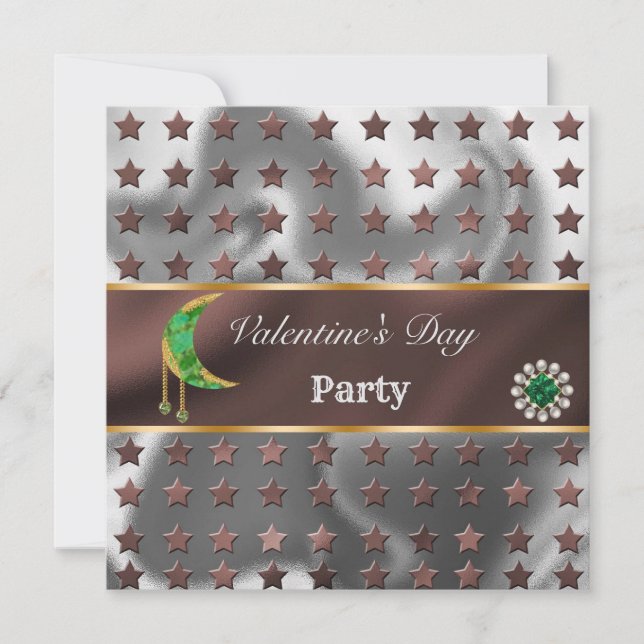 Brown Silver Foil Glitter Green Moon Valentine Invitation (Front)