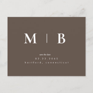 Brown Simple Contemporary Monogram Save the Date Postcard