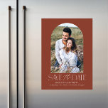 Brown | Simple Modern Arch Photo Save the Date Magnetic Invitation<br><div class="desc">Announce your wedding date in style with our modern photo save the date magnet. The simple save the date magnet features your engagement photo inside of a terracotta brown arch frame. "Save the Date" is displayed in white modern serif and script fonts. Personalize the save the date photo magnet by...</div>