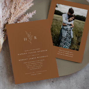 Brown Simple Monogram QR Code Photo Wedding Invitation