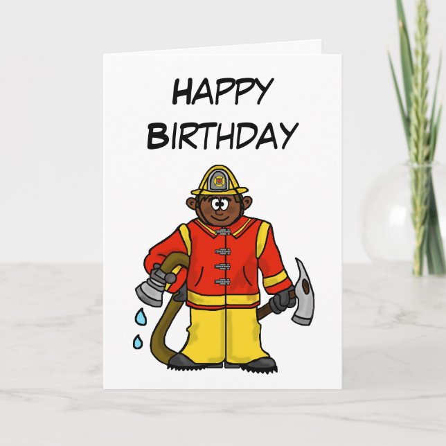 Brown-Skin Cartoon Fireman  Card   Customize It! (Front)
