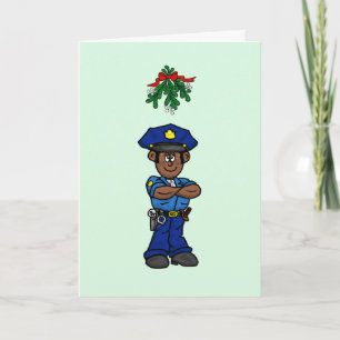 Brown Skin Cop & Mistletoe Christmas Card