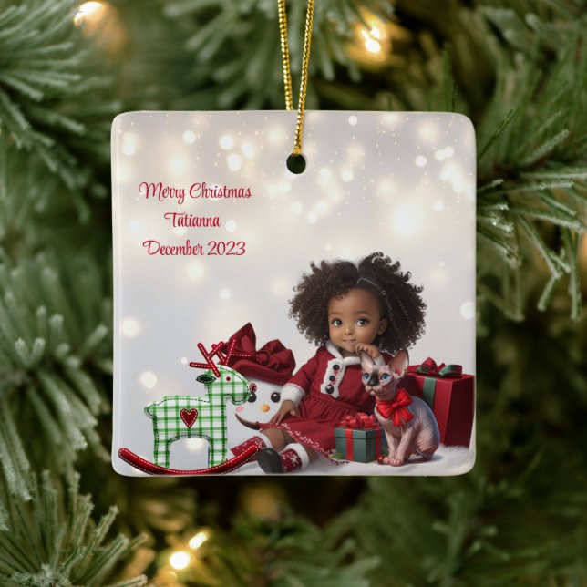 Brown Skin Girl Personalized Christmas Ceramic Ornament (Tree)