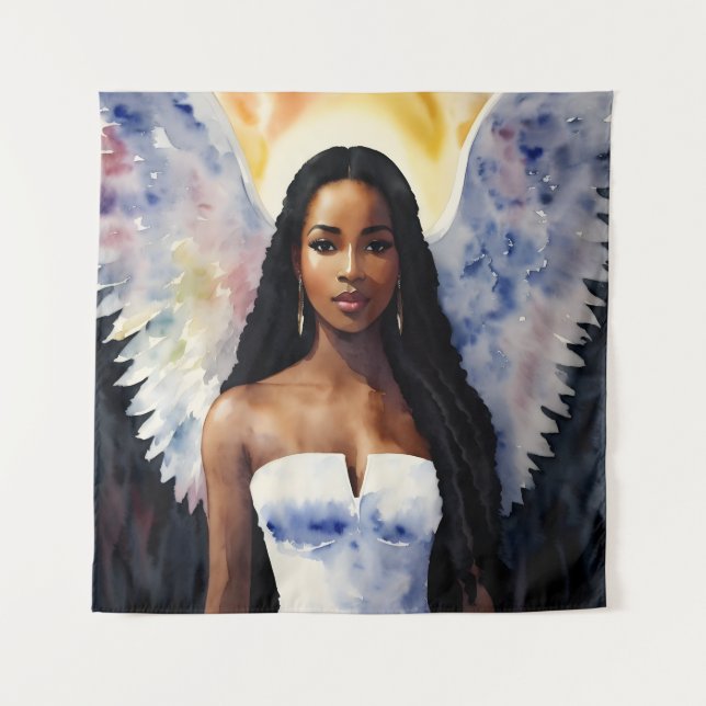 Brown-Skinned Angel Woman Watercolor Art Tapestry (Front)