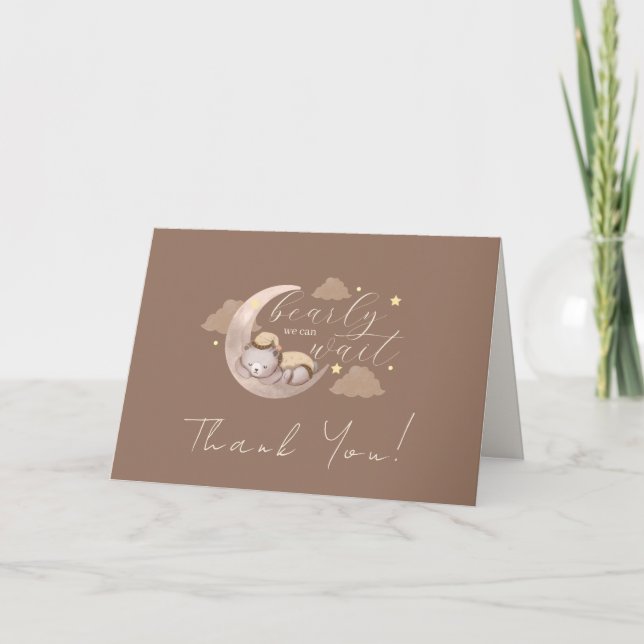 Brown Sleep Bear Moon Star Baby Shower Thank You Card (Front)