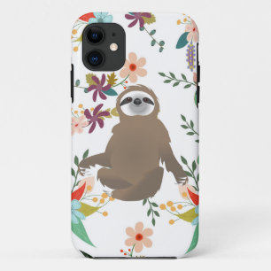 Brown Sloth Sitting in Leafy Flowery Background iPhone 11 Case