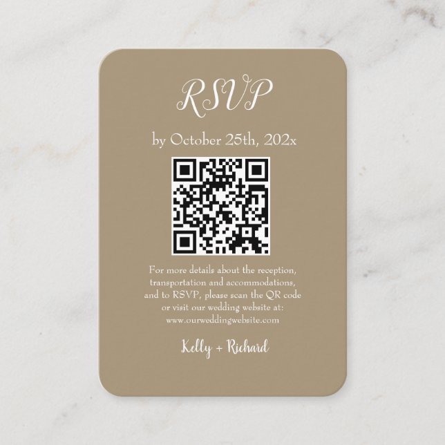 Brown Small Vertical Wedding RSVP QR Code Enclosure Card (Front)