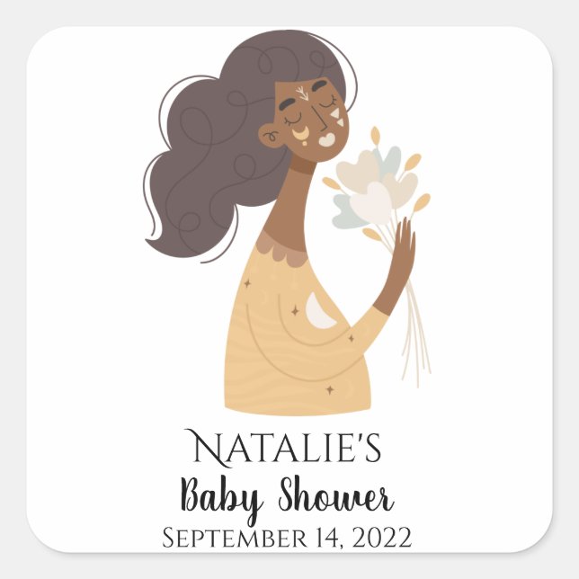 Brown smiling boho woman bouquet of hearts  square sticker (Front)