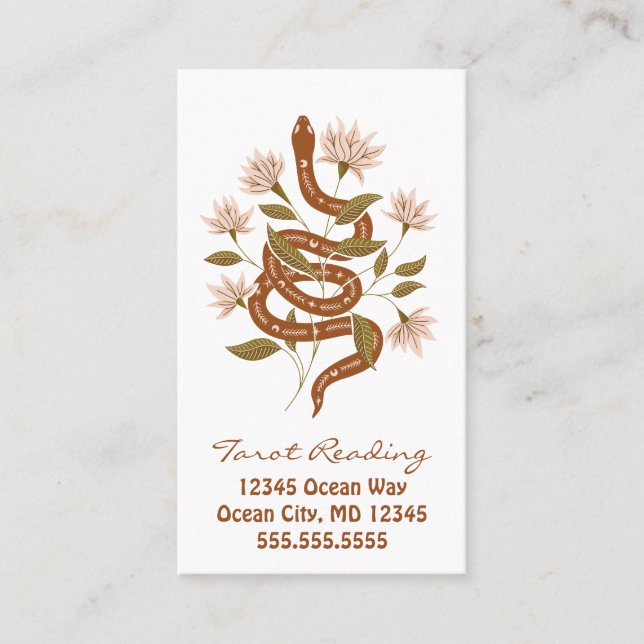 Brown Snake Pink Flowers Tarot Reading Business Card (Front)