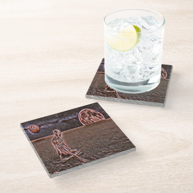 Brown space alien glass coaster (Angled)