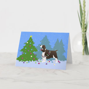Brown Springer Spaniel Decorating Christmas Tree Holiday Card