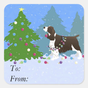 Brown Springer Spaniel Decorating Christmas Tree Square Sticker