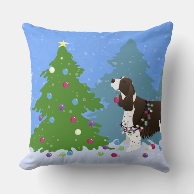 Brown Springer Spaniel Decorating Christmas Tree Throw Pillow (Front)