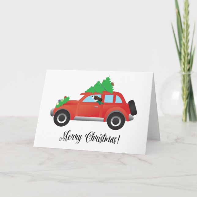 Brown Springer Spaniel Dog - Car with Tree on Top Holiday Card (Front)