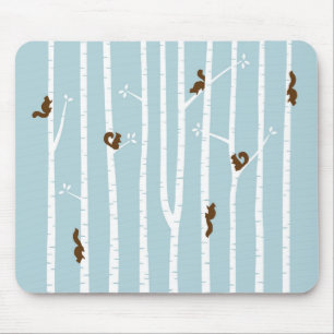 Brown Squirrels Climbing Birch Trees on Blue Mouse Pad