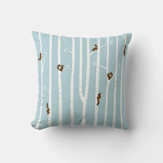 Brown Squirrels Climbing Birch Trees on Blue Throw Pillow (Front)