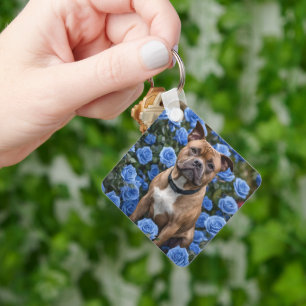 Brown Staffy In Blue Rose Garden, Keychain
