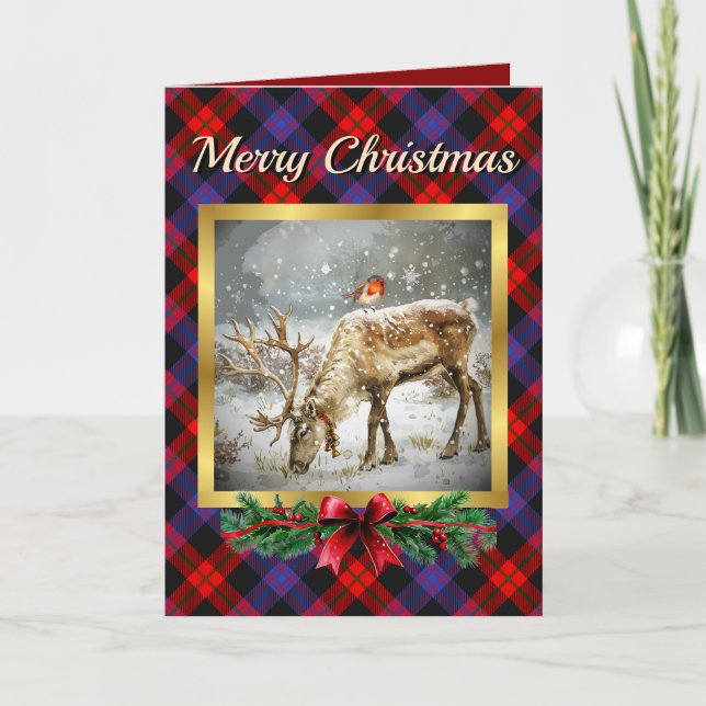 Brown Stag & Robin Tartan Personalized  Holiday Card (Front)
