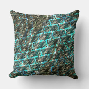 Brown stained scrath, cyanish grid or brick style throw pillow