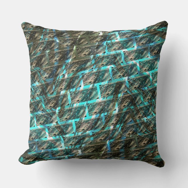 Brown stained scrath, cyanish grid or brick style throw pillow (Front)