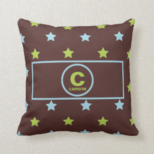Brown Starry Night for Boys with Monogram and Name Throw Pillow