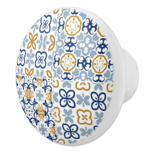 Brown steel navy blue Portuguese tile illustration Ceramic Knob