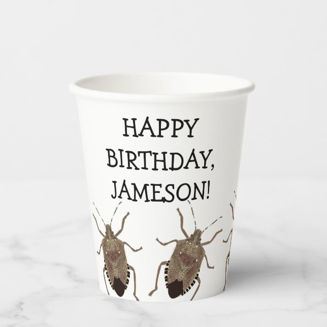 Brown Stink Bug Illustration Personalized Party Paper Cups (Front)