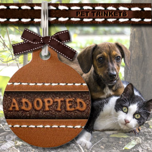 Brown Stitched Leather Embossed Adopted Dog Cat Pet Tag