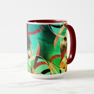 Brown streaks over rusty green and aquamarine mug