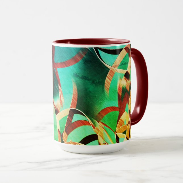 Brown streaks over rusty green and aquamarine mug (Front Right)