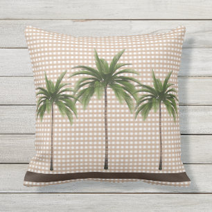 Brown Stripe and Tropical Green Palm Trees Outdoor Pillow