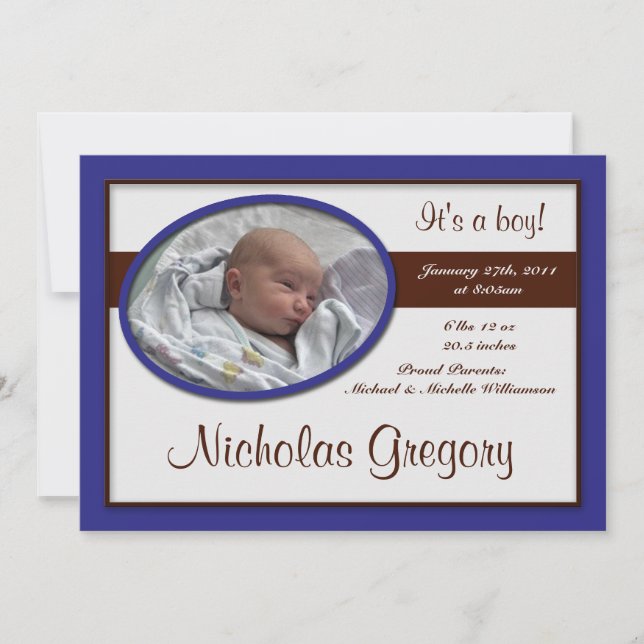 Brown Stripe Dark Blue Birth Announcements (Front)