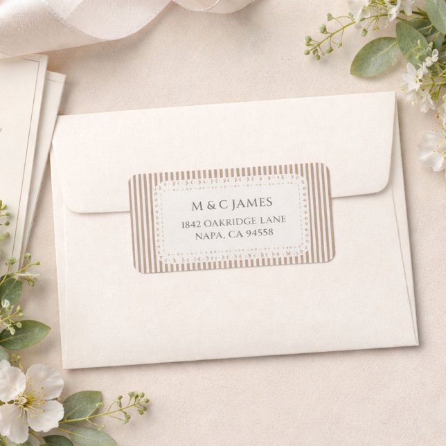 Brown Stripe Lace Doily Wedding Return Address Label (Creator Uploaded)