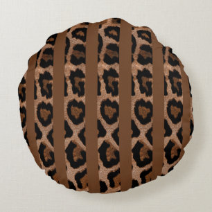 Brown Striped Leopard Print Round Throw Pillow