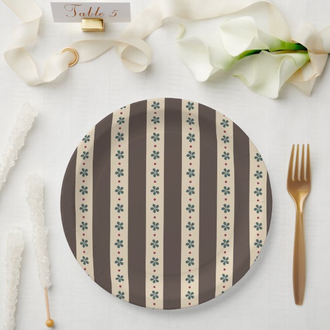 Brown Stripes And Flowers Paper Plate (Wedding)