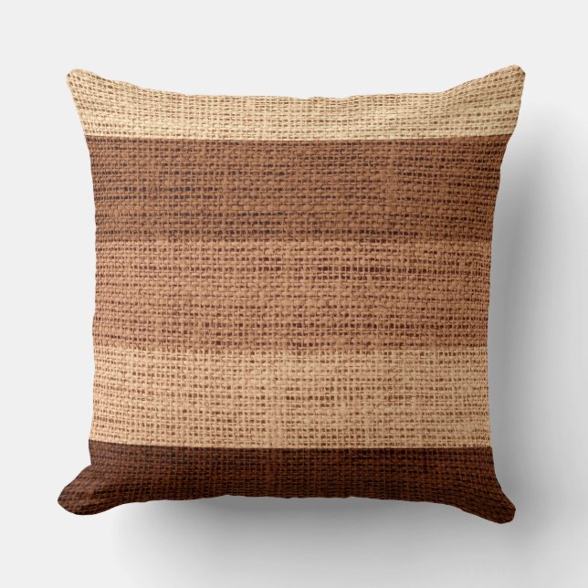 Brown Stripes Burlap Linen Rustic Jute Throw Pillow (Front)