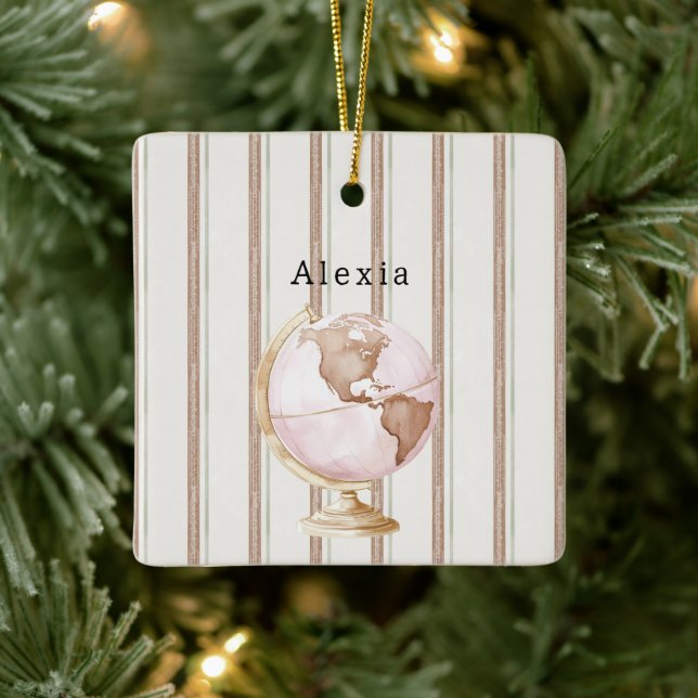 Brown Stripes Globe World Ceramic Ornament (Tree)
