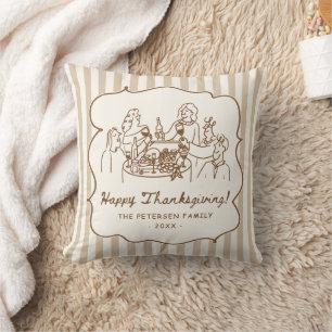 Brown Stripes Hand Drawn Thanksgiving Dinner Party Throw Pillow