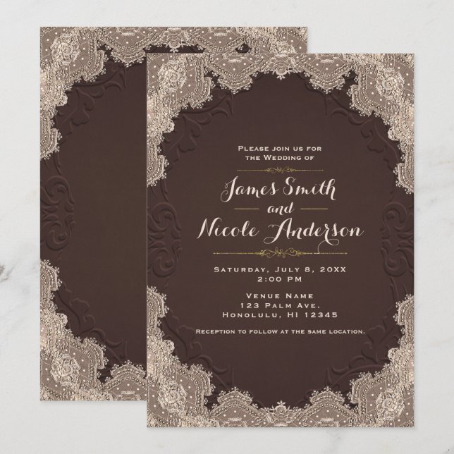 Brown Suede Leather Vintage Lace Western Wedding Invitation (Front/Back)