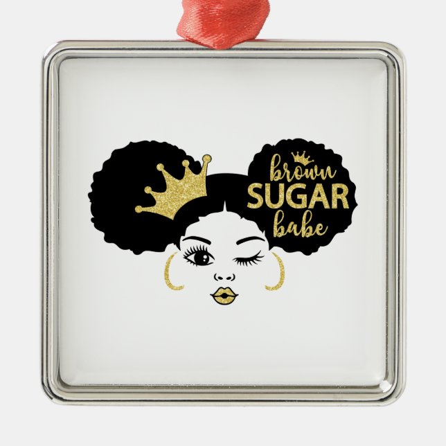 Brown Sugar Babe in Black and Gold Metal Ornament (Front)