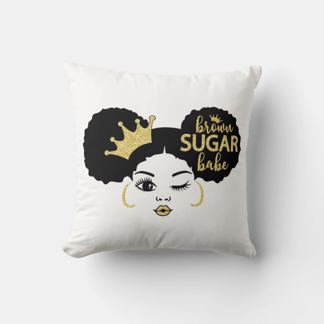 Brown Sugar Babe in Black and Gold Throw Pillow (Front)