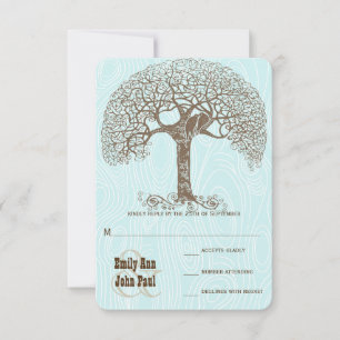 Brown Swirl Tree Aqua Woodgrain Wedding RSVP
