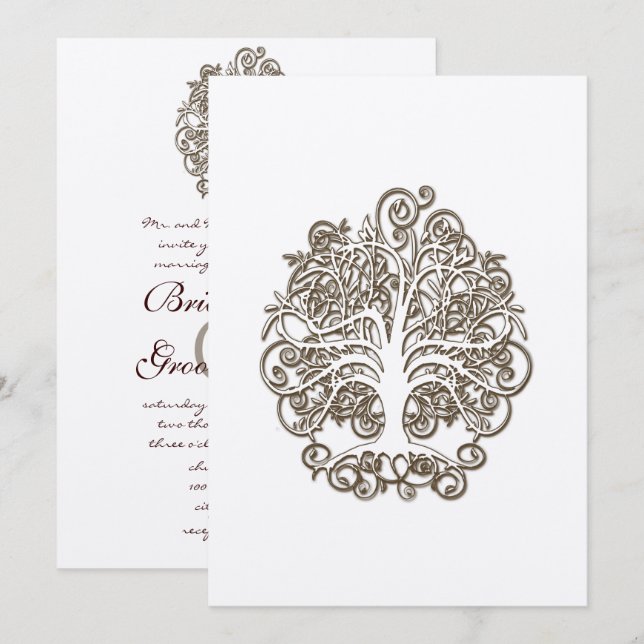 Brown Swirl Tree Roots of Love Wedding Invitation (Front/Back)
